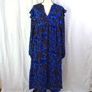 a. new day Blue & Brown Boho Floral Ruffle Long Sleeve Maxi Dress, Size …